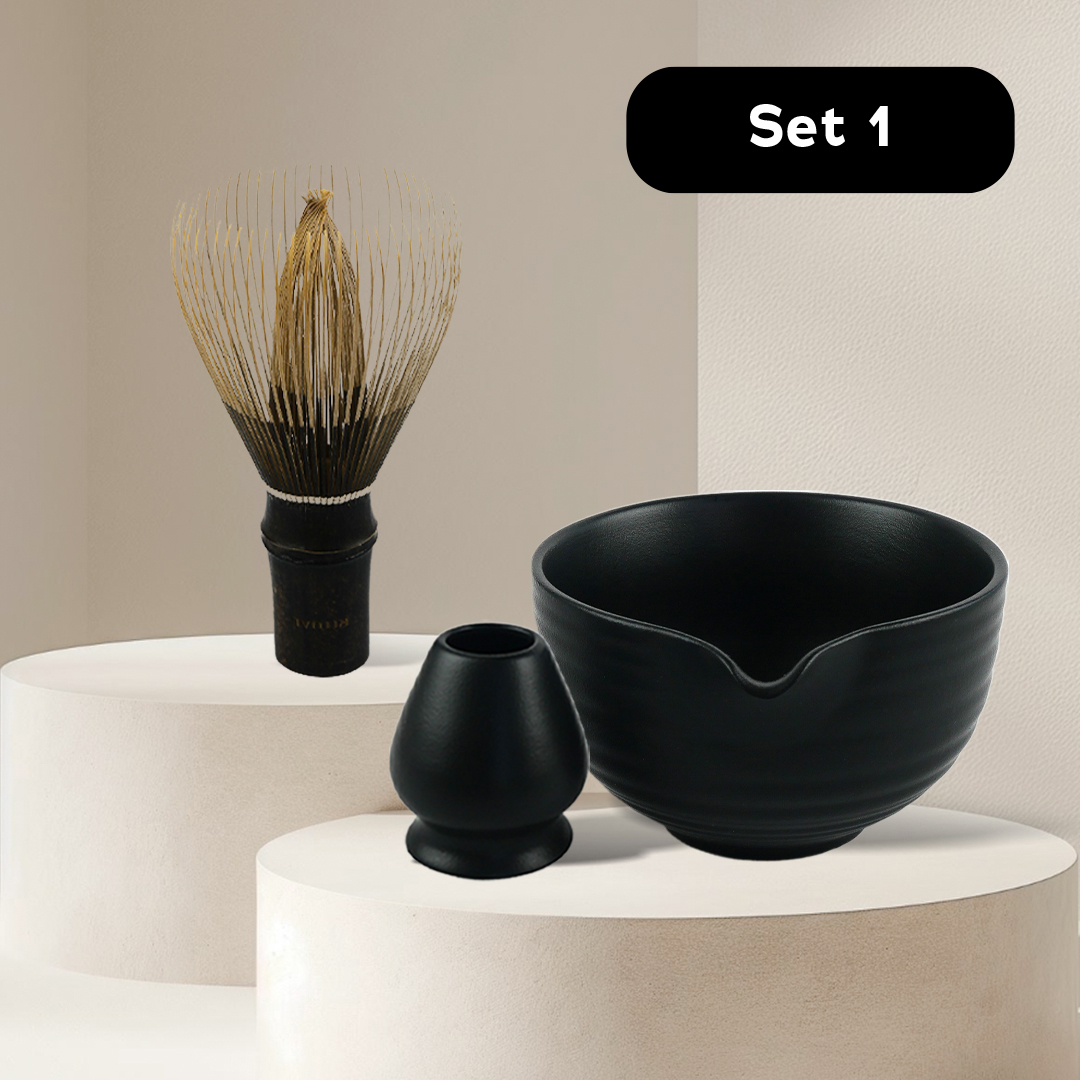 Set 1: Premium Handmade Black Bamboo Whisk + Bowl & Stand Set