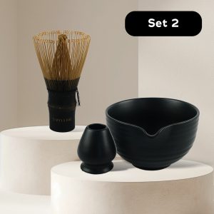 Set 2: Premium Black Bamboo Whisk + Bowl & Stand Set